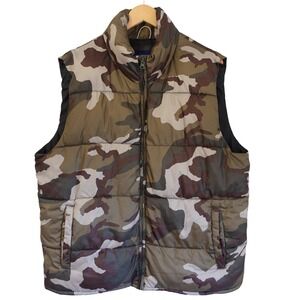 Old Navy Mens Camo Puffer Vest Green Brown Woodland Camouflage Large Gorp Hiking